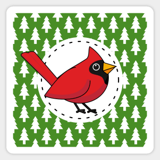 Cartoon Red Cardinal on Green White Pines Pattern Sticker